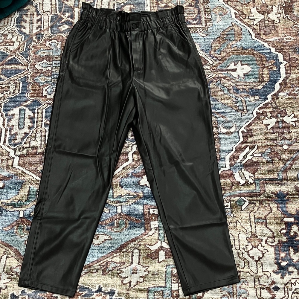 Mango black faux leather paper bag waist pants